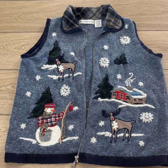 Vintage Victoria Jones Christmas Sweater Vest Womens Size M Blue Angora Blend - Picture 1 of 7